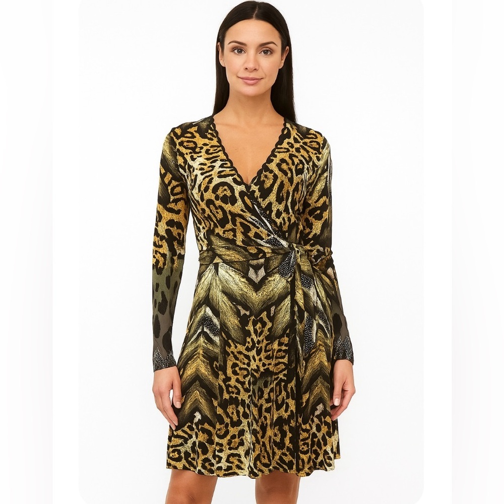 Hale Bob Animal Print Long Sleeve Faux Wrap Dress Women’s Medium - Picture 1 of 12